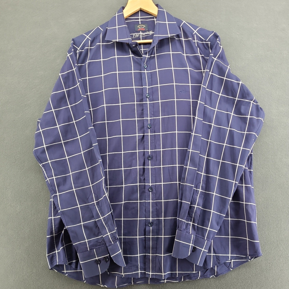 Paul & Shark Blue Flambeau Shirt Navy Windowpane Grid Cotton LS Mens 44 XL 17.5